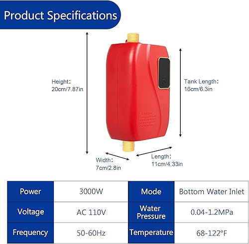 Miniatura 3 de Calentador de agua eléctrico sin tanque de 110 V, 3000 W, mini calentadores de agua instantáneos montados en la pared con pantalla LED controlable