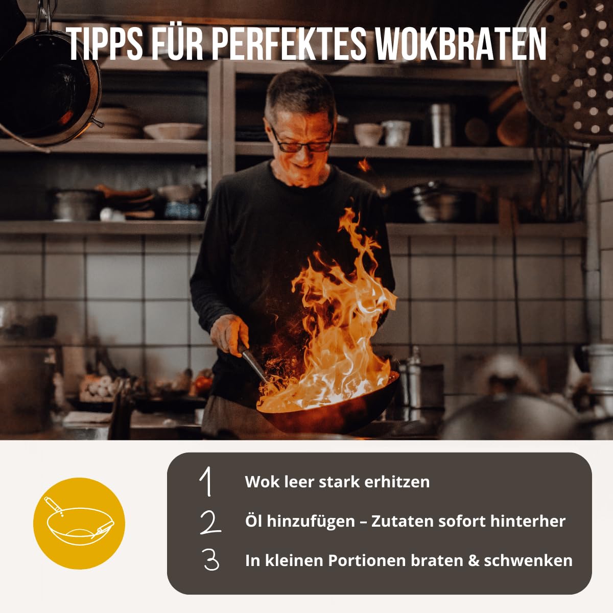El wok perfecto, diámetro de 26 cm, robusto wok de acero al carbono con base plana, mango de madera, apto para cocinas de gas, inducción y vitrocerámica, sin quemar para platos