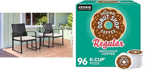 Shintenchi Juego de 3 muebles de patio al aire libre, moderno juego de mimbre bistró, sillas de ratán de conversación de 2 con mesa de café y