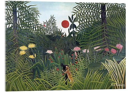 Posterlounge Paysage de jungle au soleil couchant Tableau en verre acrylique de Henri Rousseau 18 x 13 cm Vert Tableaux Décoration murale