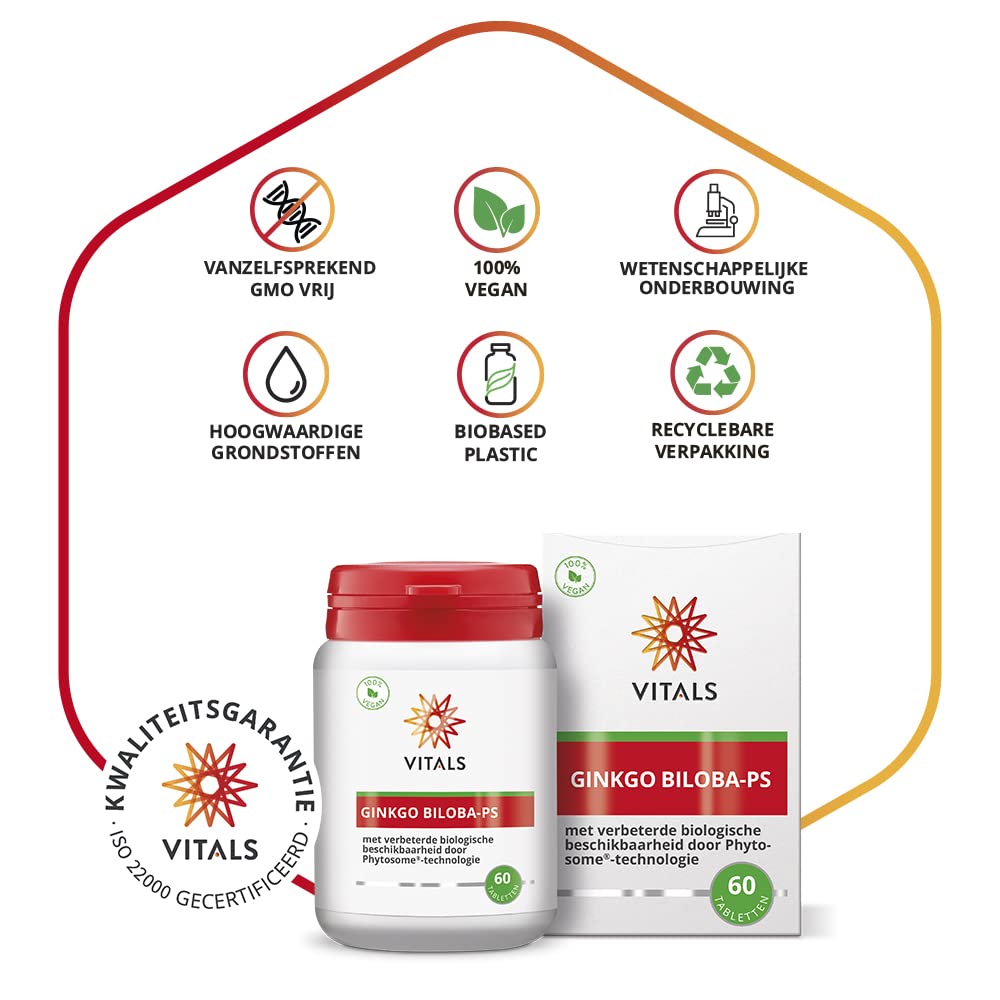 Vitals Ginkgo Biloba PS - 60 Tabletten, vegan. Mit Virtiva und Phytosome für verbesserte Bioverfügbarkeit. Für Konzentration, Gedächtnis und geistige Leistung.