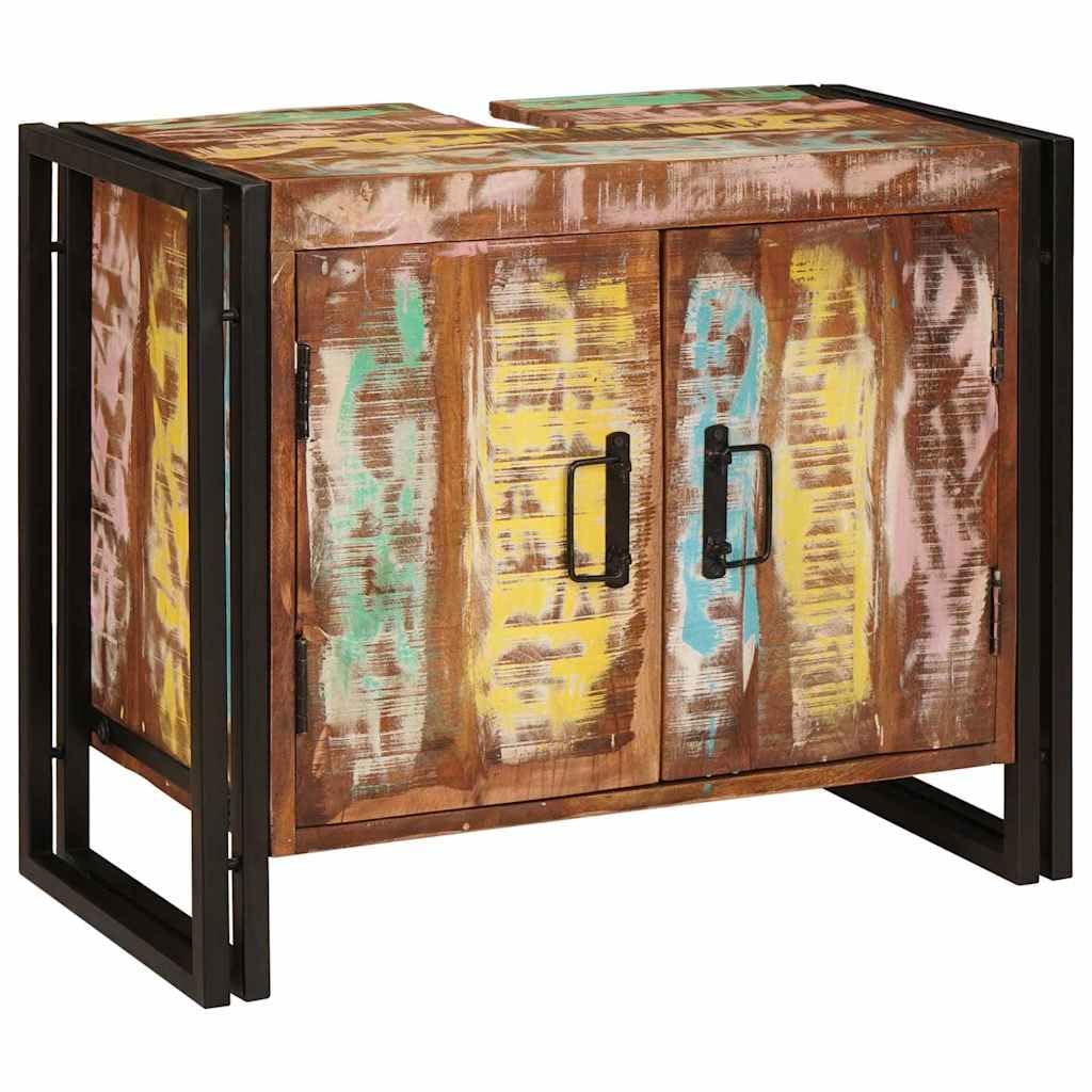 Mobile Sottolavello Bagno Legno Massello Multicolore 71x33x58cm | Mobiletto salvaspazio per il bagno con robusto telaio in ferro e ripiano interno regolabile per accessori.