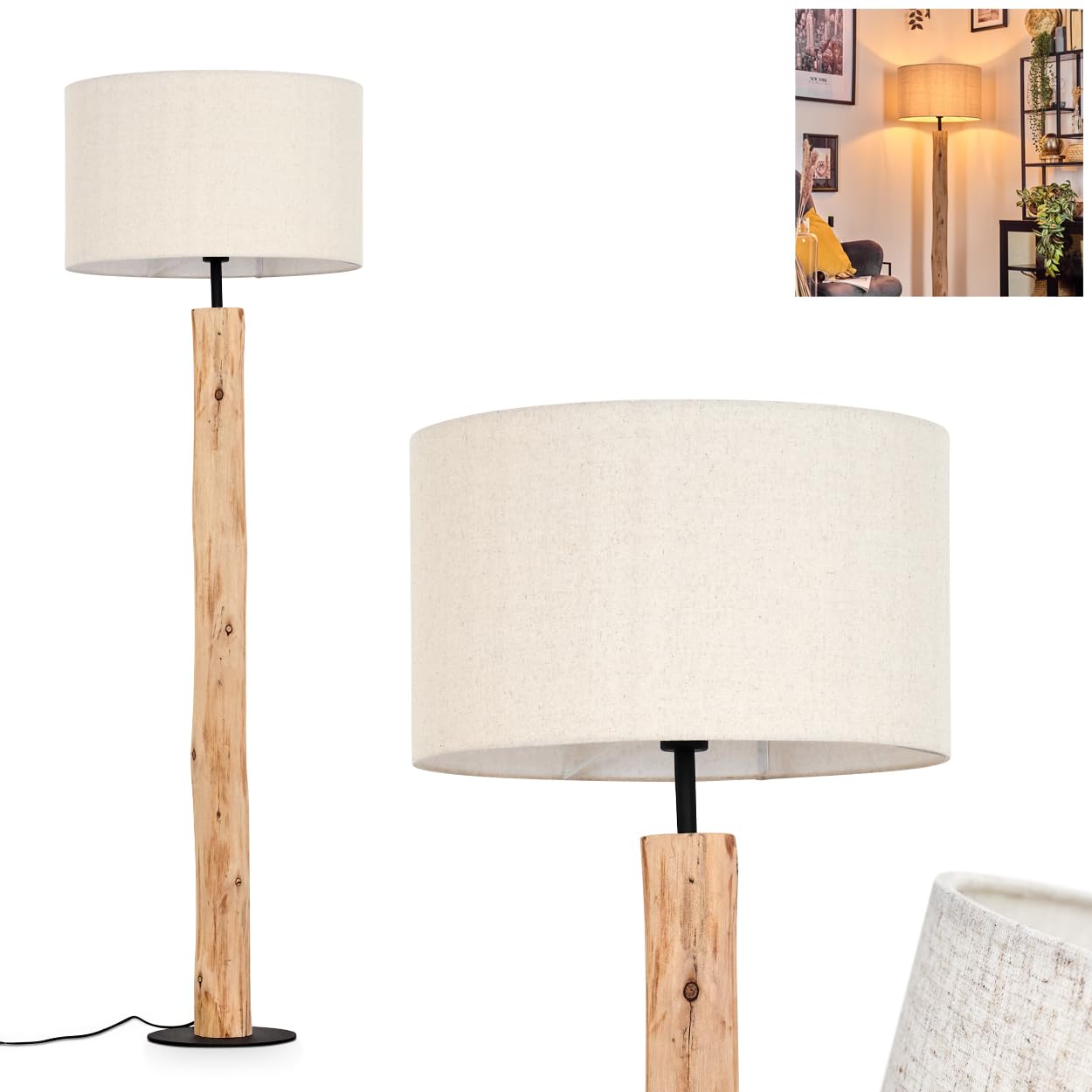 Stehleuchte Flemming, Stehlampe aus Holz/MetallStoff in Natur/Schwarz/Beige, Leuchte im skandinavischen Design mit rundem Schirm (Ø 50 cm) u. Fußschalter, Höhe 159 cm, 1 x E27, ohne Leuchtmittel