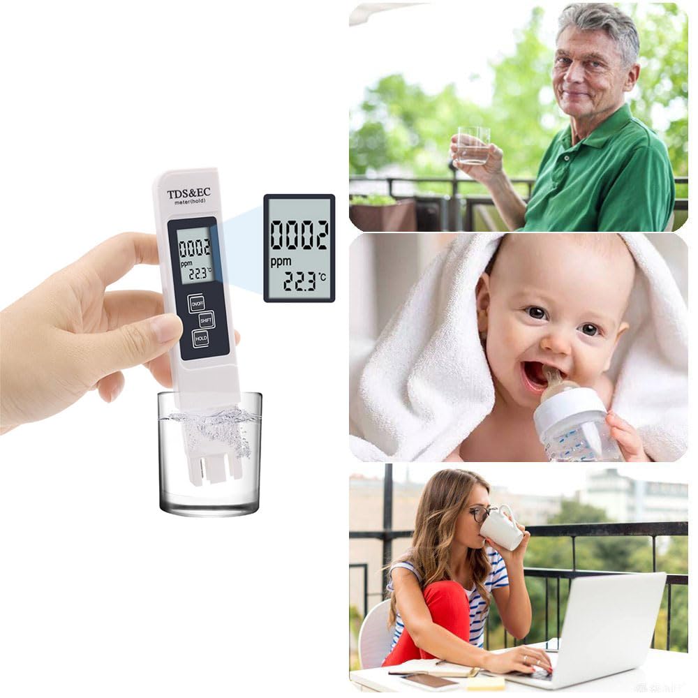 Tester digitale LCD per la qualità dell'acqua Misuratore TDS EC e Temperatura 3 in 1, Precisione di Lettura +/- 2%, 0-9990 PPM set, per Acqua Potabile/Piscina/Acquario/Piscina
