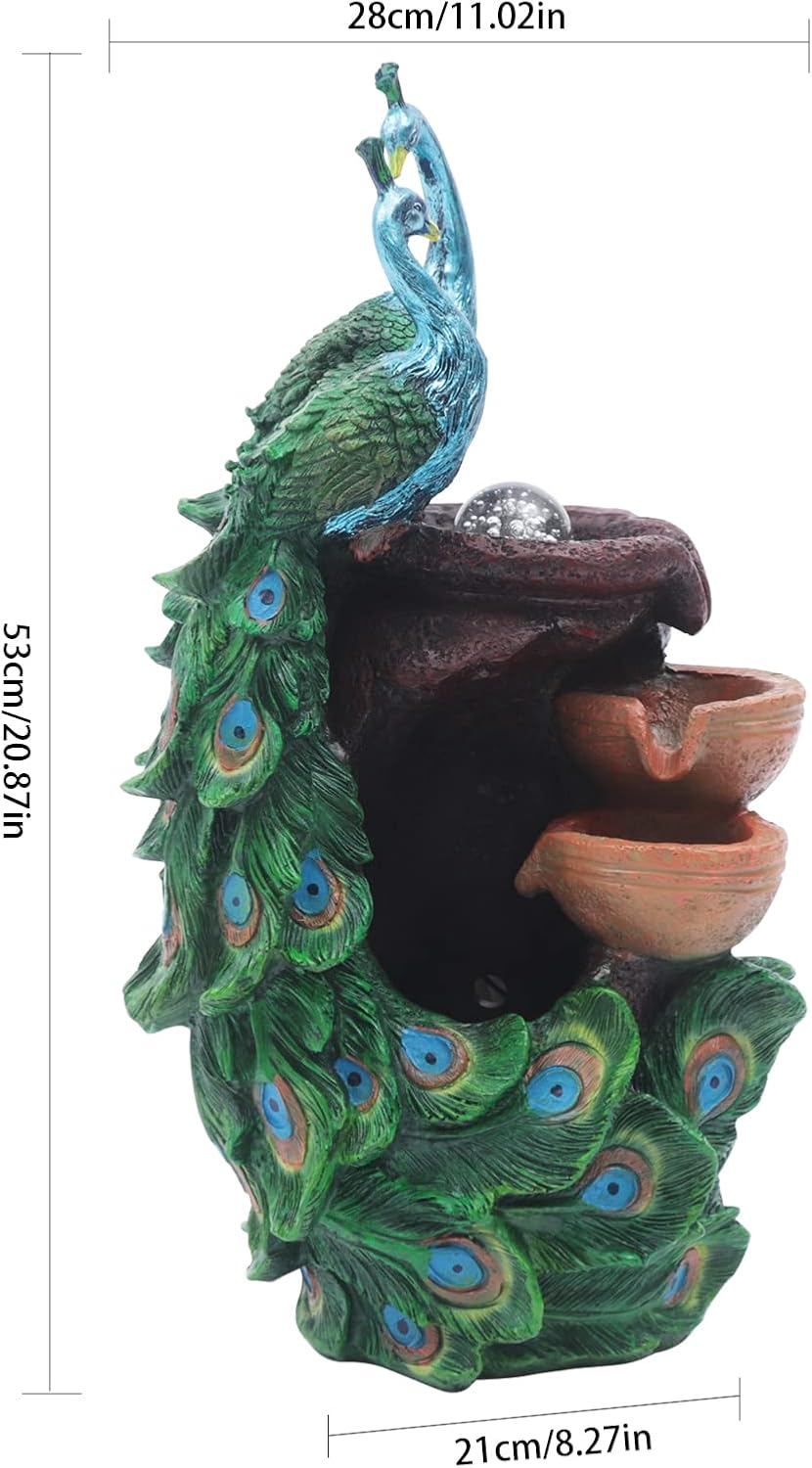 Elegant Indoor Water Fountains with LED Crystal Ball Peacock Shape Resin Feng Shui Ball Fountain Small Desktop Waterfall Fountain for Home Living Room Bedroom Office Decor