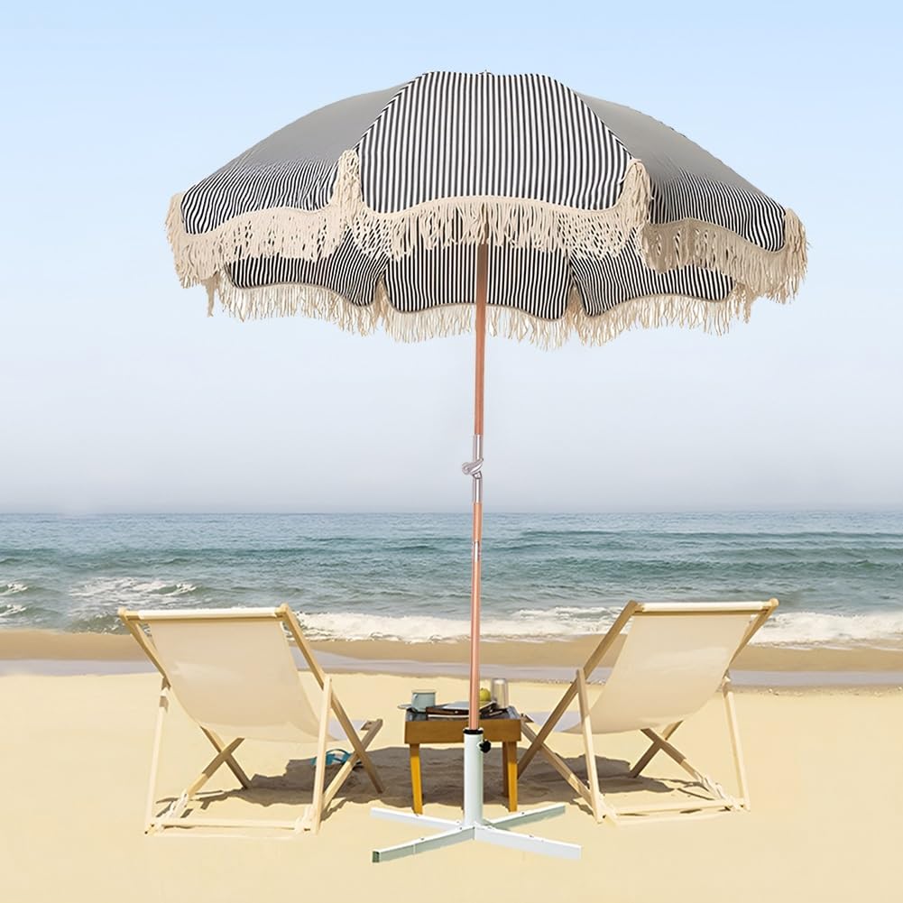 Parasol Ogrodowy z Frędzlami 180 cm Przenośny Parasol Plażowy w Paski, Drewniany Maszt i Regulacja Nachylenia 8 Podpórkami, Bez Podstawy