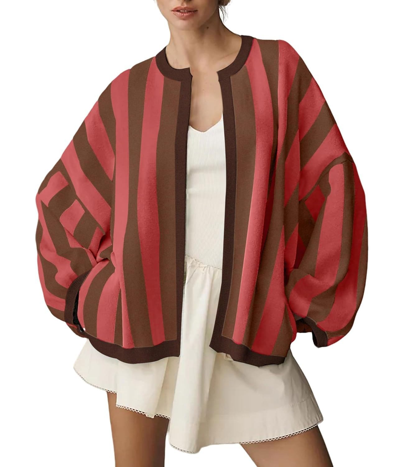 chouyatou Womens Color Block Striped Cardigan Open Front Loose Fit Cozy Knit Cardigan Sweater Jacket