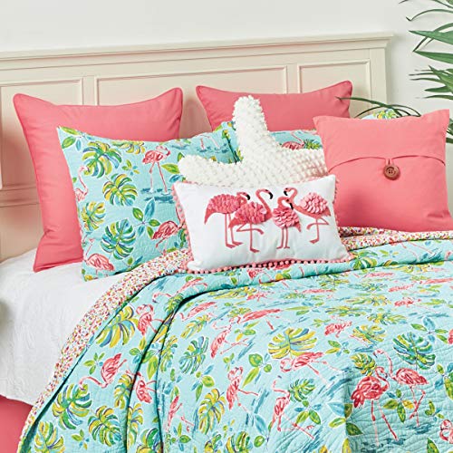 C&F Home Blue and Pink Flamingo Garden Full/Queen Cotton Quilt Set Reversible Bedding Beach Ocean Coastal Tropical Full/Queen 3 Piece Set Blue