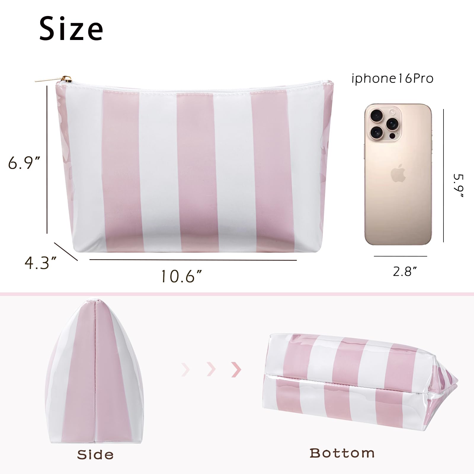 Grande borsa per il trucco a righe in PVC, impermeabile, con rivestimento trasparente, facile da pulire, organizer da viaggio con cerniera, borsa essenziale per vacanze al mare, per donne e ragazze
