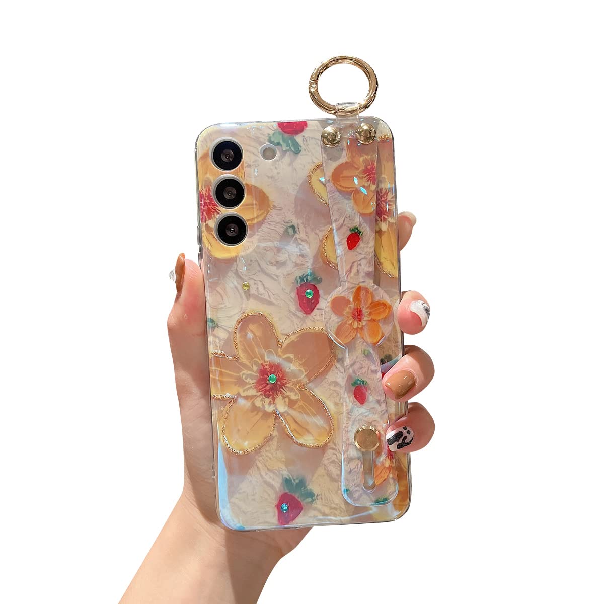 Lastma for Samsung Galaxy S21 FE Case Cute with Wrist Strap Kickstand 5g Glitter Bling Cartoon IMD Soft TPU Shockproof Protective Phone Cases Cover for Girls and Women - Yellow Flower