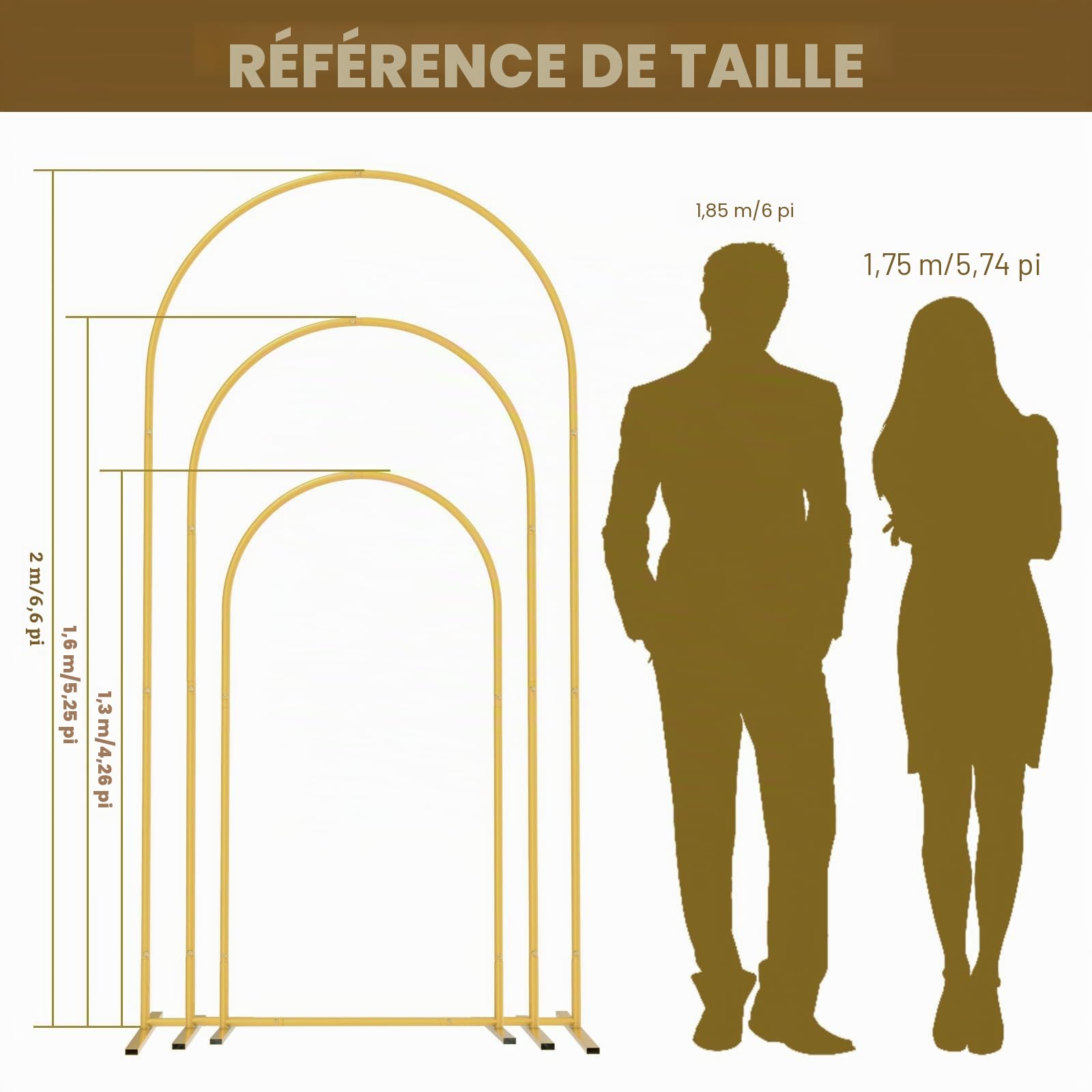 Lot de 3 Arches de Mariage en Métal Doré, Grand Kit de Support de Toile de Fond, Cadre de Guirlande Artificielle, Adaptées Arche de Mariage, Fêtes Prénatales, Anniversaires(6,56 Ft, 5,25 Ft, 4,27 Ft)