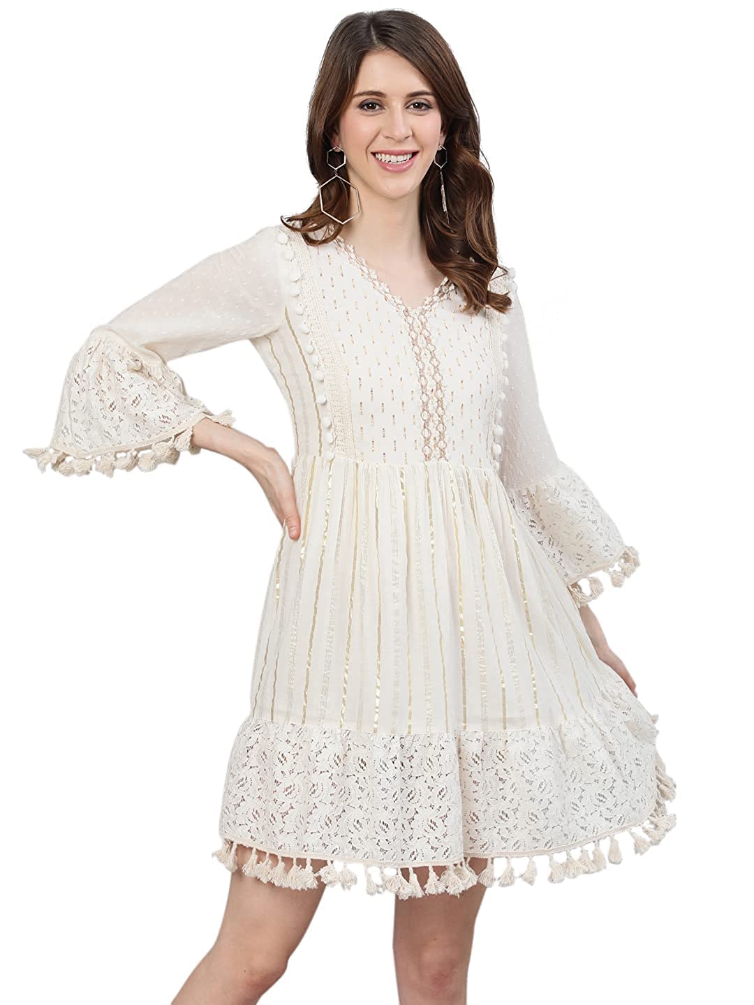 Ishin Women's Pure Cotton Off White Zari Embellished A-Line Dress