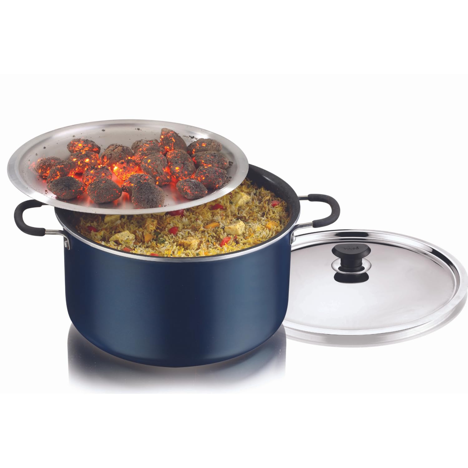 Vinod Zest Non Stick Dum Biryani Pot – 14 Litre, 32 cm | 4 mm Extra Thick | 3 layer Coating | Metal Spoon Friendly | Bakelite Handle | Gas Base | 1 Year Warranty – Blue