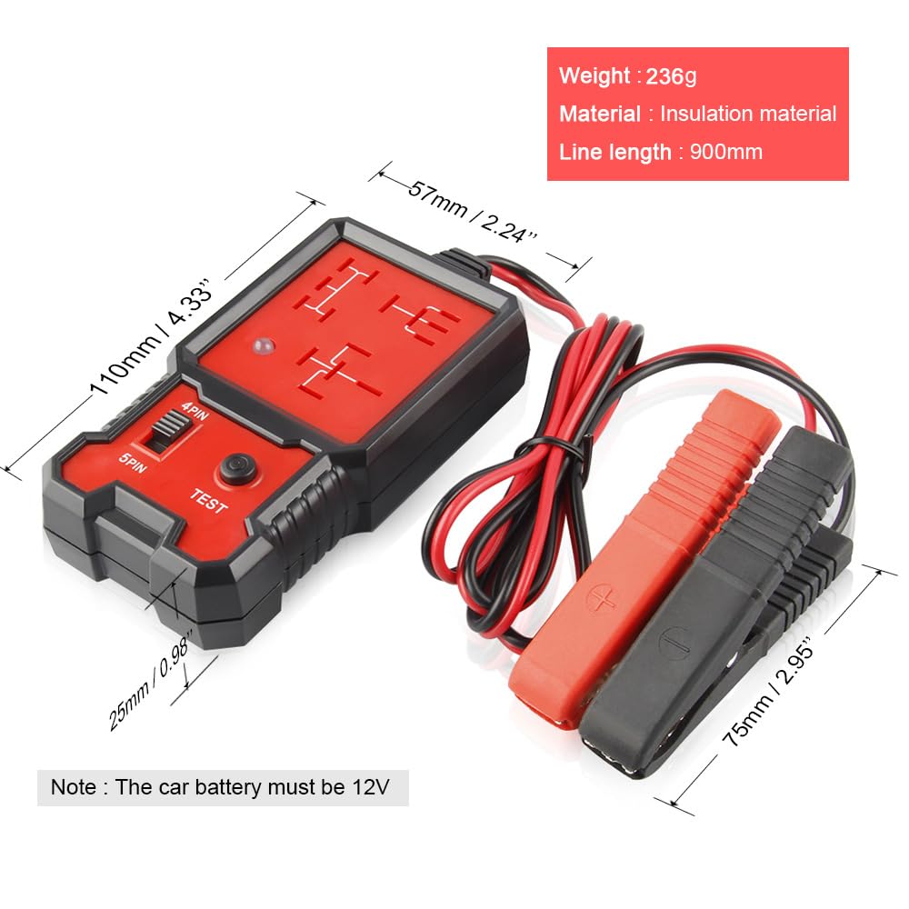 Greluma 1 Pièce Testeur de relais de voiture,vérificateur de relais électronique 12 V,testeur de batterie de voiture avec clips pour réparation automatique,outil de diagnostic de relais de voiture