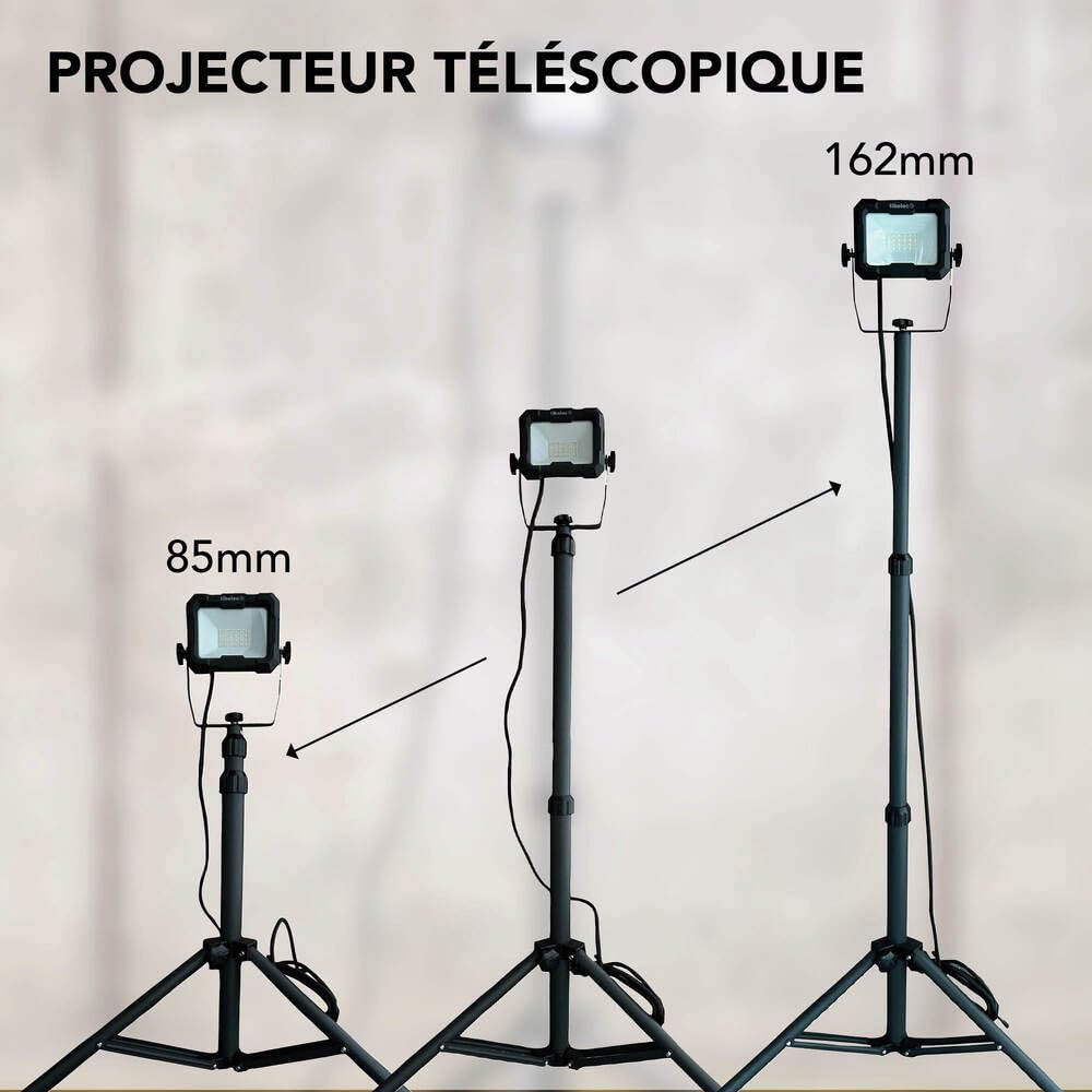 Projecteur LED de chantier filaire sur pied téléscopique 50W, 4600 lumens, IP65, IK07, 4000K, garantie 3 ans - Tibelec