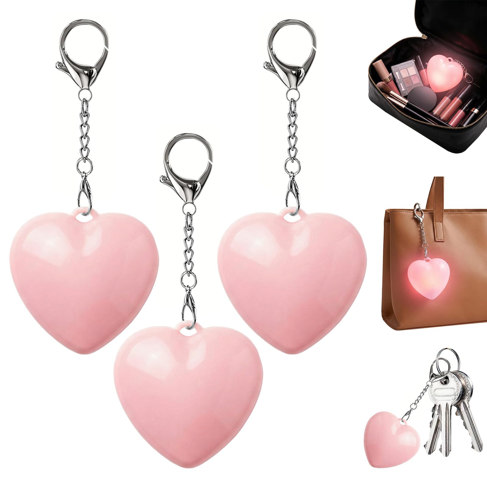 CECOMBINE 3Pcs Heart Purse Light for Handbags, Rechargeable LED Handbag Light with Touch Sensor, Portable Bag Charm Keychain Gift for Women Girls Mother Friends Beloved - Pink