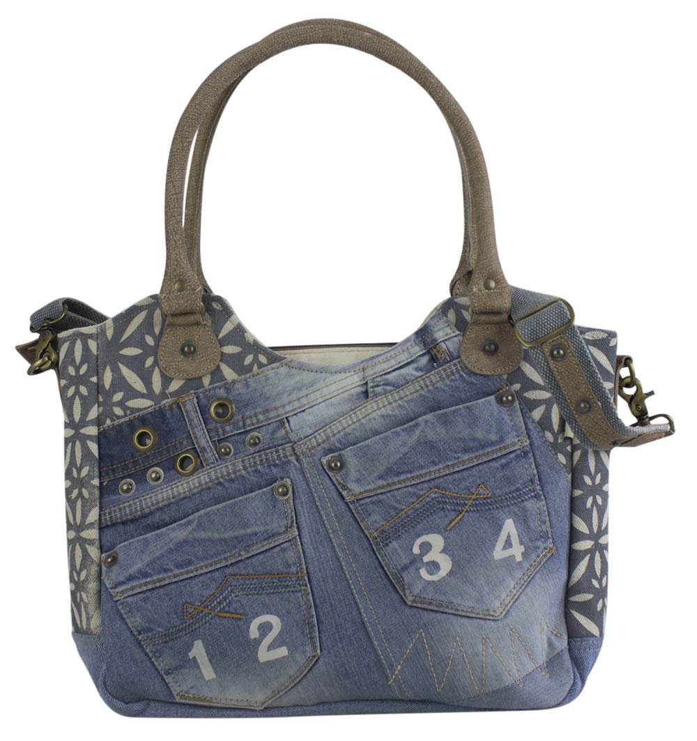 SunsaDamen Nachhaltige Handtasche aus recycelte Jeans Canvas & Leder. Vintage Still große Schultertasche. Extra Crossover Henkel kann als Umhängetasche benutzen. A4 geeignet