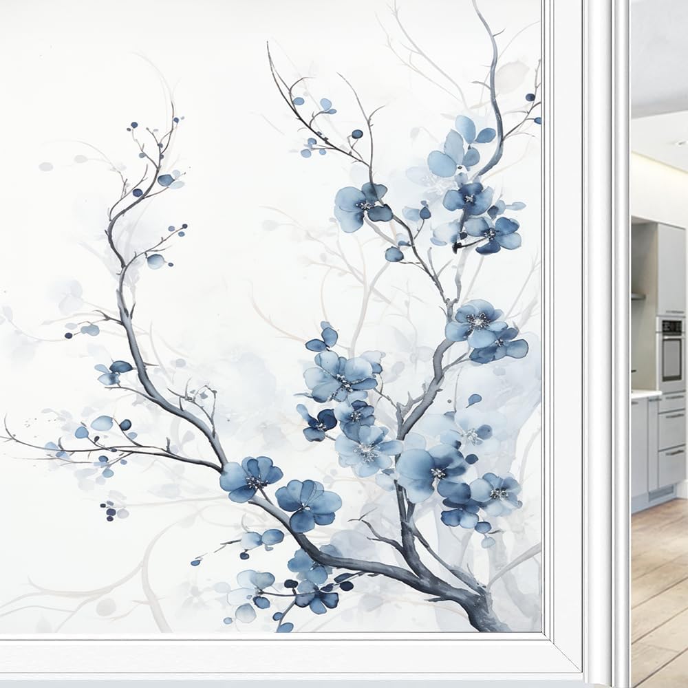 Blue Branches Flower Privacy Window Film Watercolor Beautiful Flower Stained Glass Window Coverings Adhesive Sticker Frosted Window Film for Home Office Stores 35.4Wx63L inch