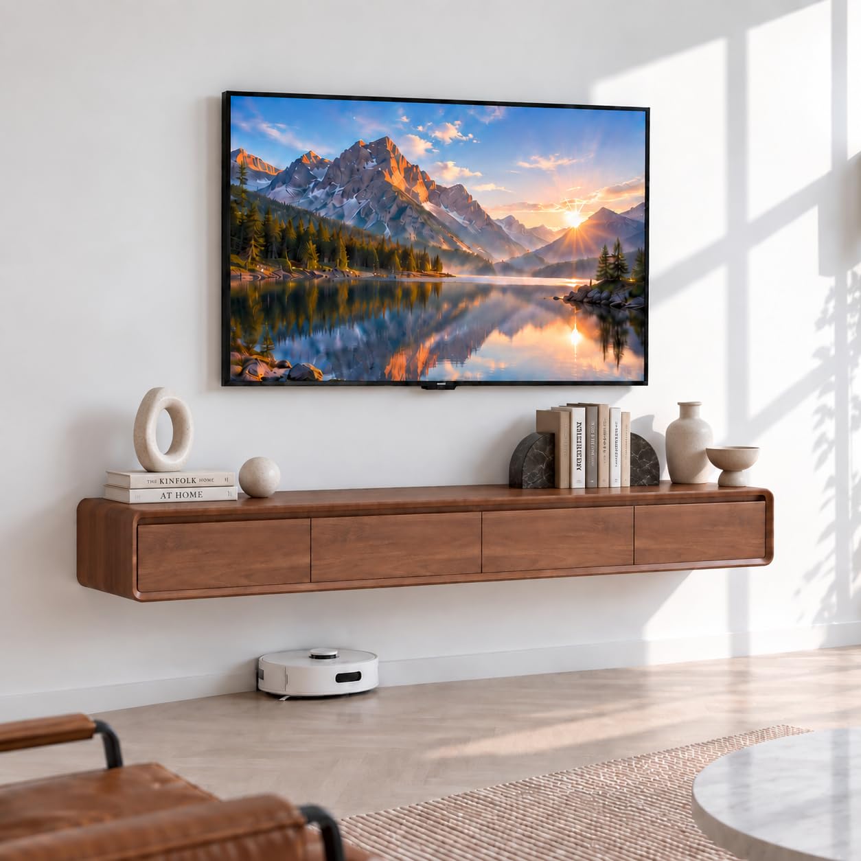 Meuble TV en Bois Massif,160–240CM Meuble TV Suspendu, Meuble Bas pour TV Mural, Adapté au Salon et à la Chambre（Noyer 200CM）