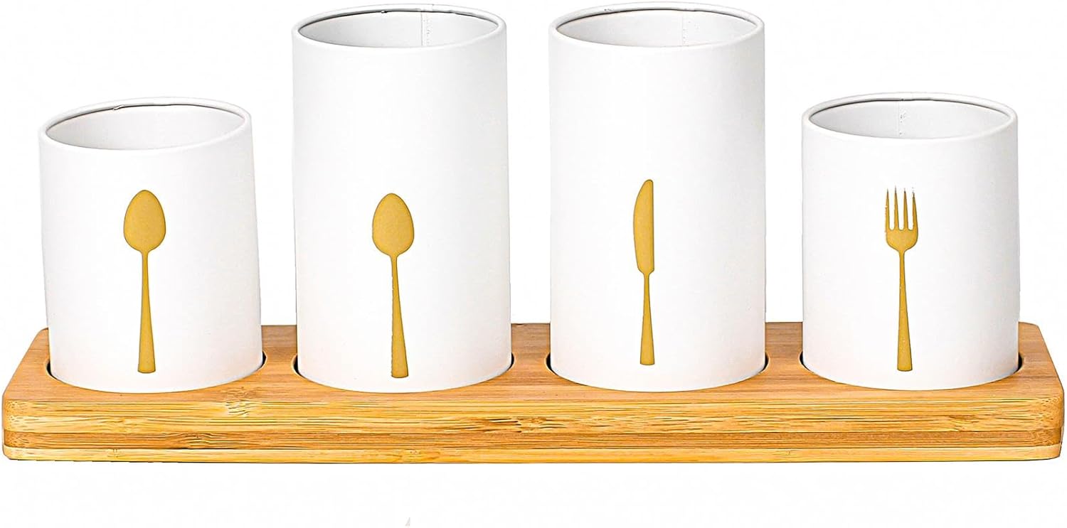 Innoteck Essentials 4pc Kitchen Cutlery Holder Set – Modern Farmhouse Kitchen Décor – Natural Bamboo – White Utensil Crock – Vintage Organiser – Kitchen Tool Caddy – Countertop Storage
