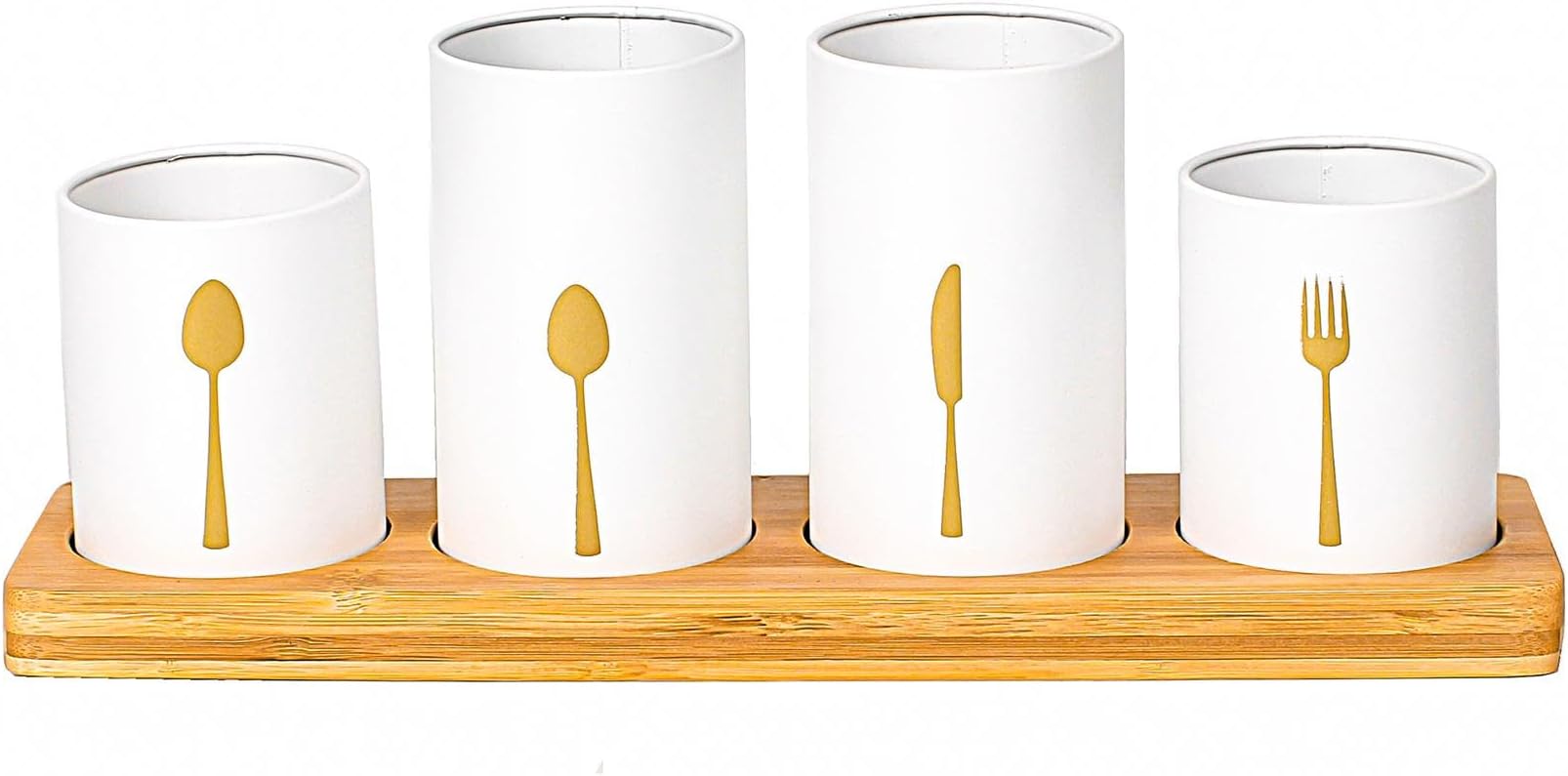 Innoteck 4pc Kitchen Cutlery Holder Set - Modern Farmhouse Kitchen Décor - Natural Bamboo - White Utensil Crock - Vintage Organizer - Tool Caddy - Countertop Storage
