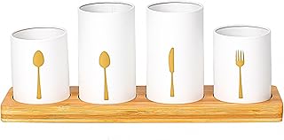 Innoteck Essentials 4pc Kitchen Cutlery Holder Set - Modern Farmhouse Kitchen Décor - Natural Bamboo - White Utensil Crock - Vintage Organizer - Kitchen Tool Caddy - Countertop Storage