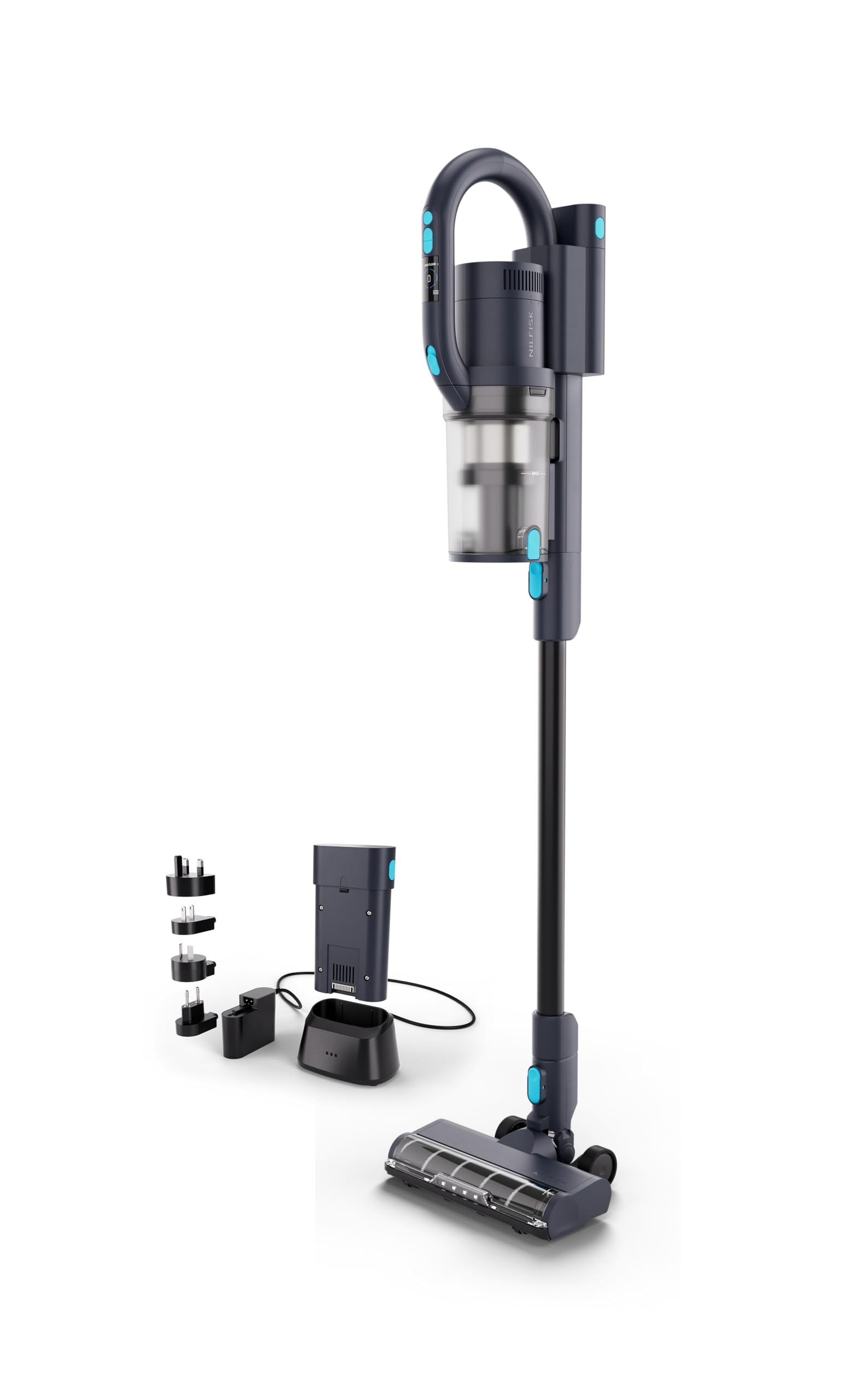 Nilfisk Bürstensauger VU200 – inkl. Akku und Ladestation (Abmessungen 125,5 x 25,5 x 22,6 cm, Farbe Dunkelblau/Hellblau, Gewicht 2,97 kg, 2X 29,6 V 2500 mAh Lit-Ionen-Akku) 128390174