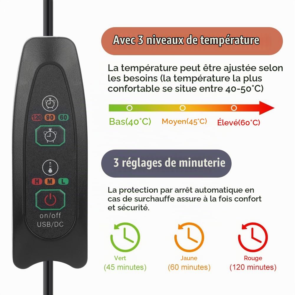 Chauffe-pieds Electrique, 5V Chauffe-pieds flanelle, USB Chauffe Pied, Chausson Chauffant, avec 3 Niveaux de Température & Minuterie, pour Adultes, Personnes Agées, Bureau(Gris)