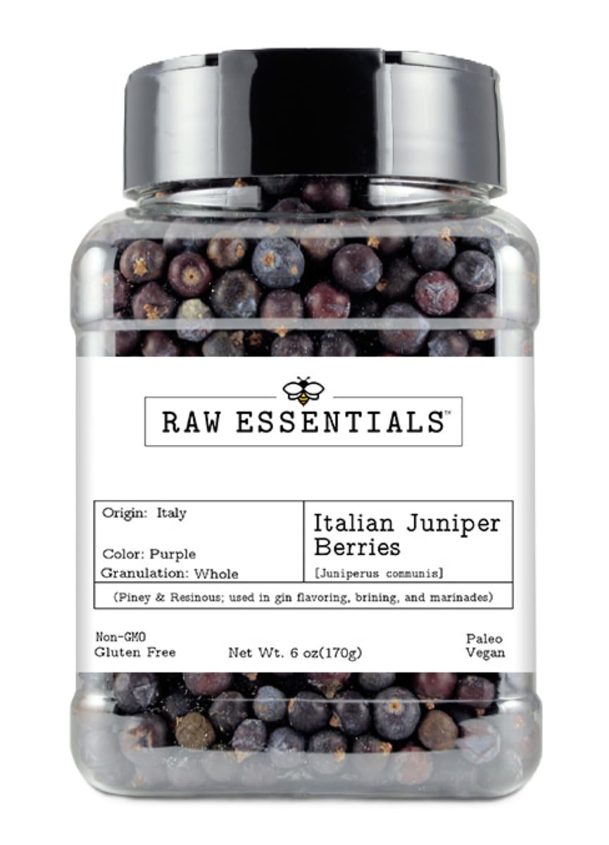 Raw Essentials Italian Juniper Berries - Piney and Resinous - Gin Flavoring, Brining, and Marinades - Non-GMO, Gluten Free, Paleo and Vegan - 6 Ounce Bottle