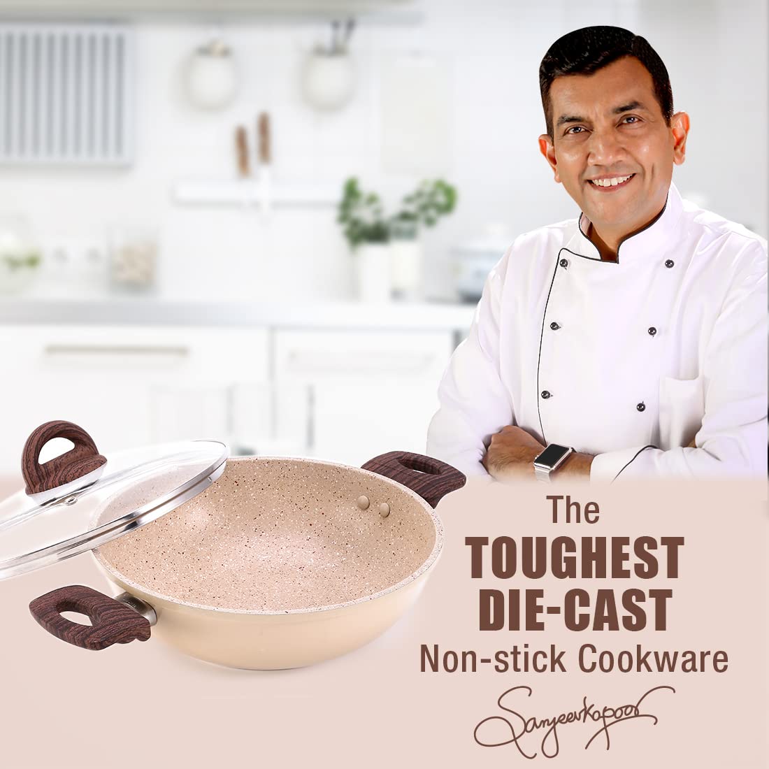 Wonderchef Duralife Kadhai moulé sous pression 24 cm avec couvercle 5 couches Revêtement anti-adhésif Duramax Poignées douces au toucher Aluminium pur sans PFOA 2,5 litres 2 ans Ivoire moyen