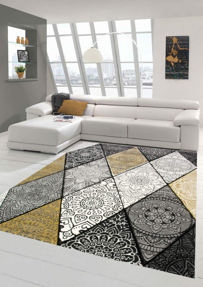 Teppich modern Teppich Wohnzimmer Rauten mit Ornamenten in grau senfgelb Creme Größe 80x150 cm