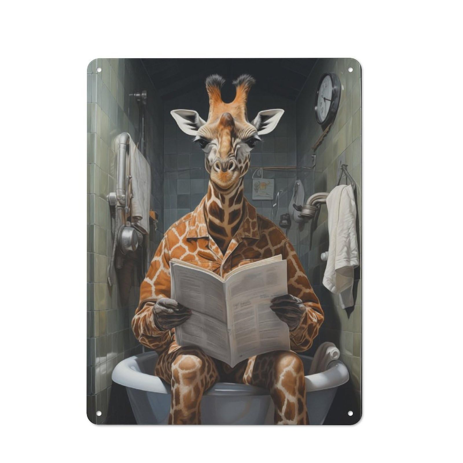 Metal Wall Sign 40x30cm Featuring Giraffe on Toilet for Workshop Wall, Suited to Metal Sign Collectors