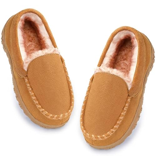Fupoia Boys & Girls Moccasin Memory Foam Kids House Slippers - Nonslip Indoor & Outdoor, Beige, 13 Little Kid