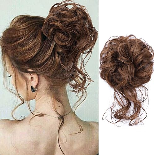KETHBE Messy Bun Hair Piece Tousled Updo Hair Buns Extension Elastic Hair Band Hair Pieces Curly Hair Bun Scrunchie For Women (Chestnut Brown)