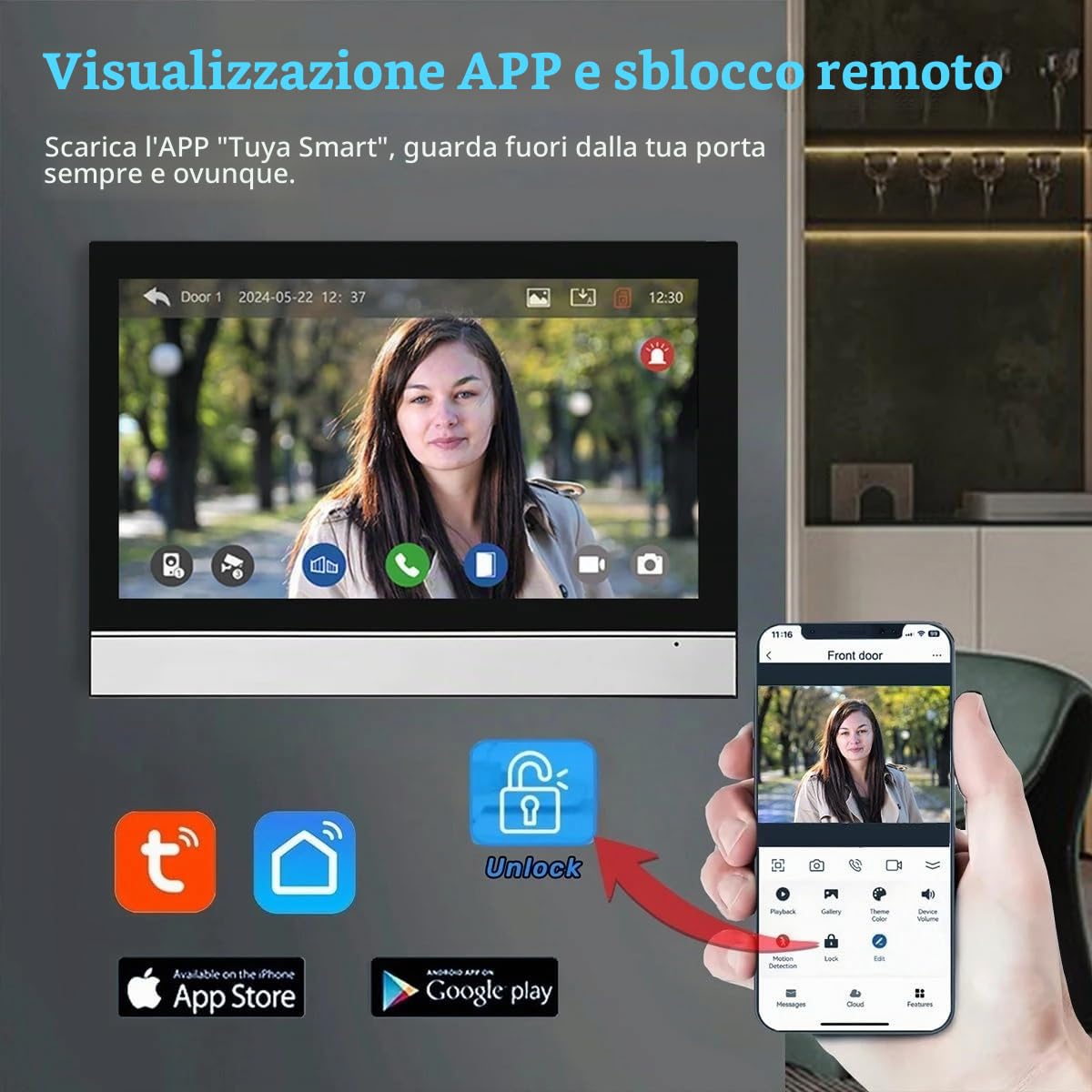 Sistema videocitofonico cablato Tuya WiFi 7 pollici touch screen 1080P campanello intelligente Tuya APP Kit citofono 2 porte sblocco (2 Campanello+2 Monitor)