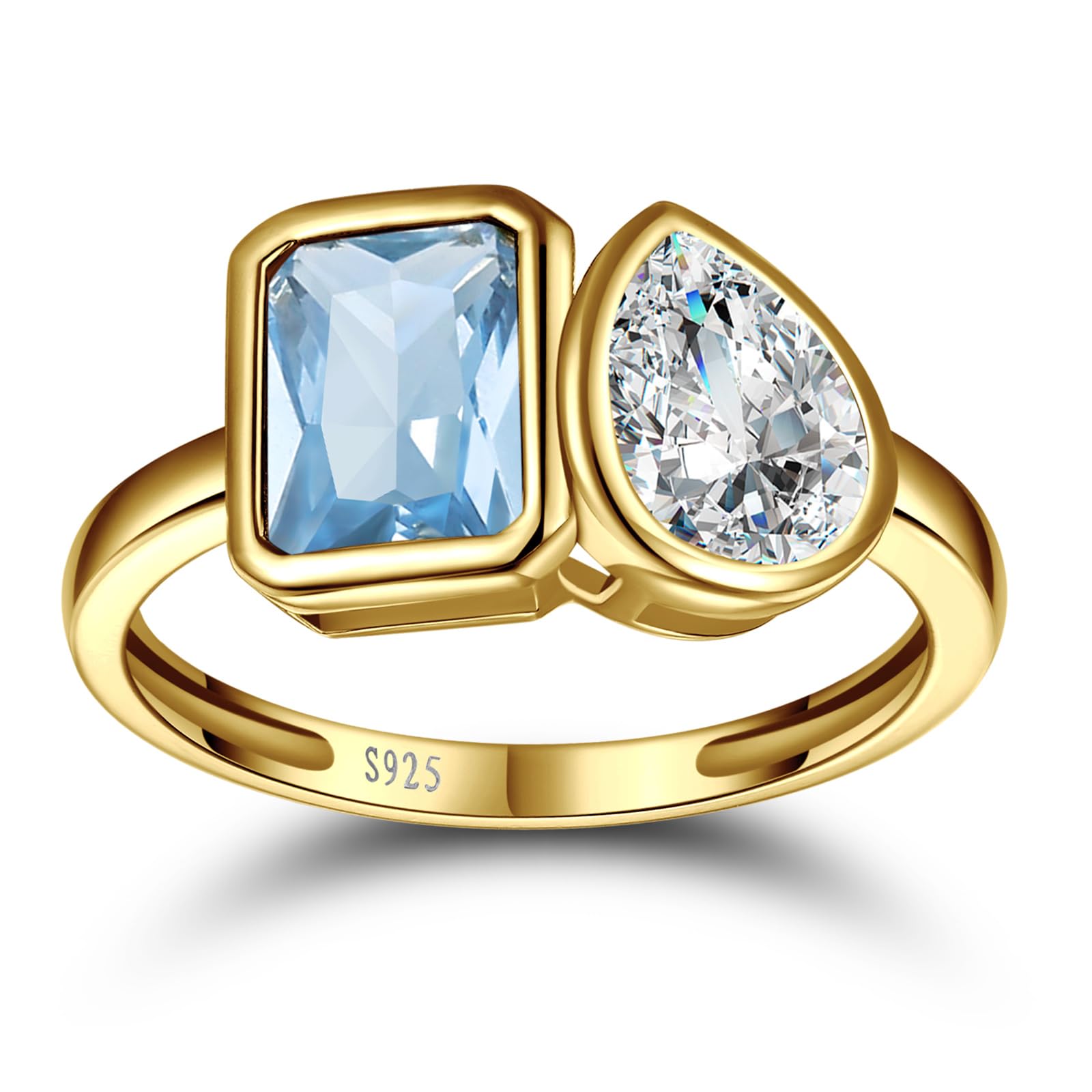 Yaresul Anillo de compromiso Toi Et Moi de plata de ley 925 chapado en oro de 14 quilates, anillo de compromiso para mujer, anillo de doble piedra, esmeralda y circonita cúbica de corte pera, anillo