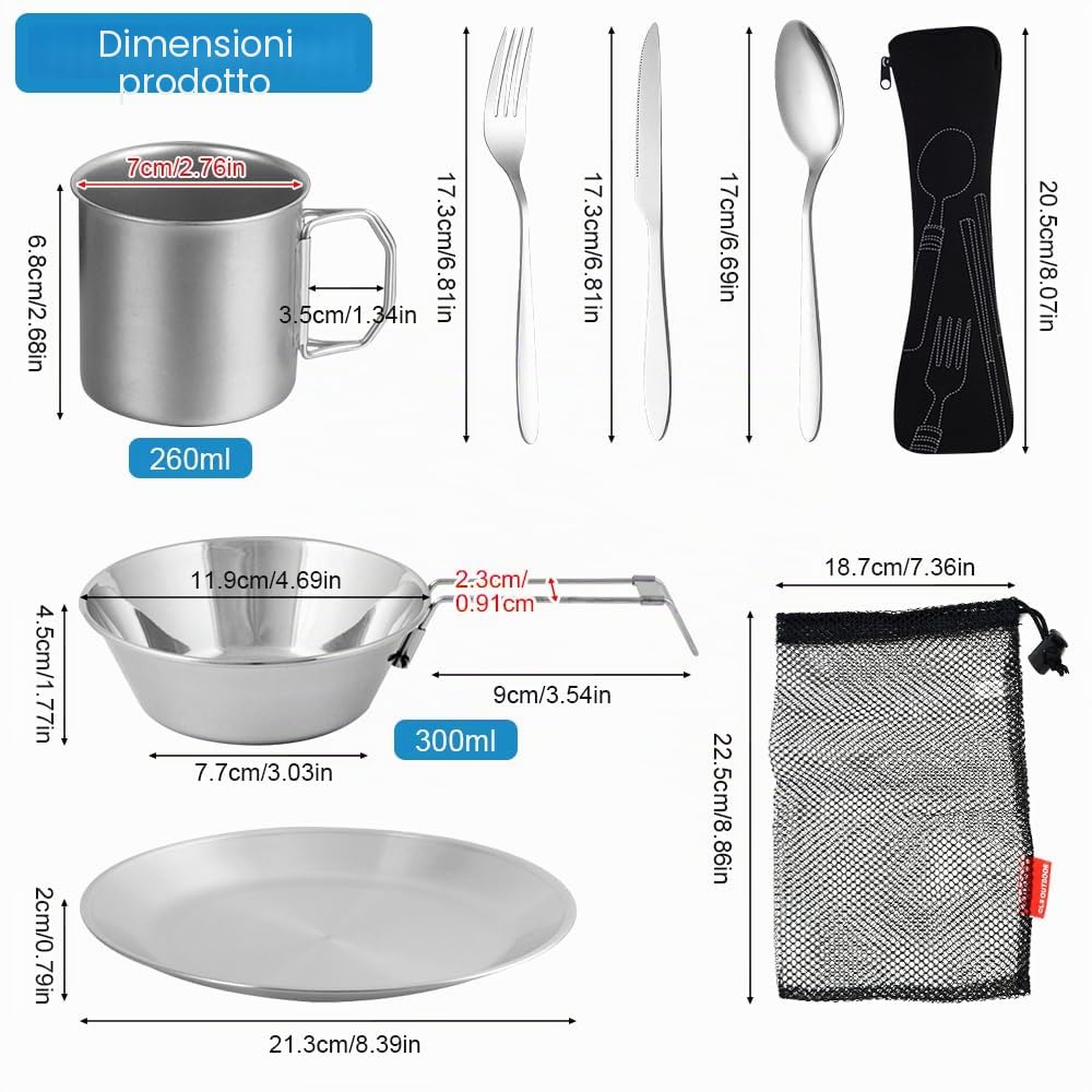 REFORUNG Set di Stoviglie per Esterni in Acciaio Inossidabile Set Piatti Bicchieri e Posate Campeggio con Piatto Tazza Ciotola Posate con Sacchetto a Rete per Picnic Pentole All'aperto (8 Pz)