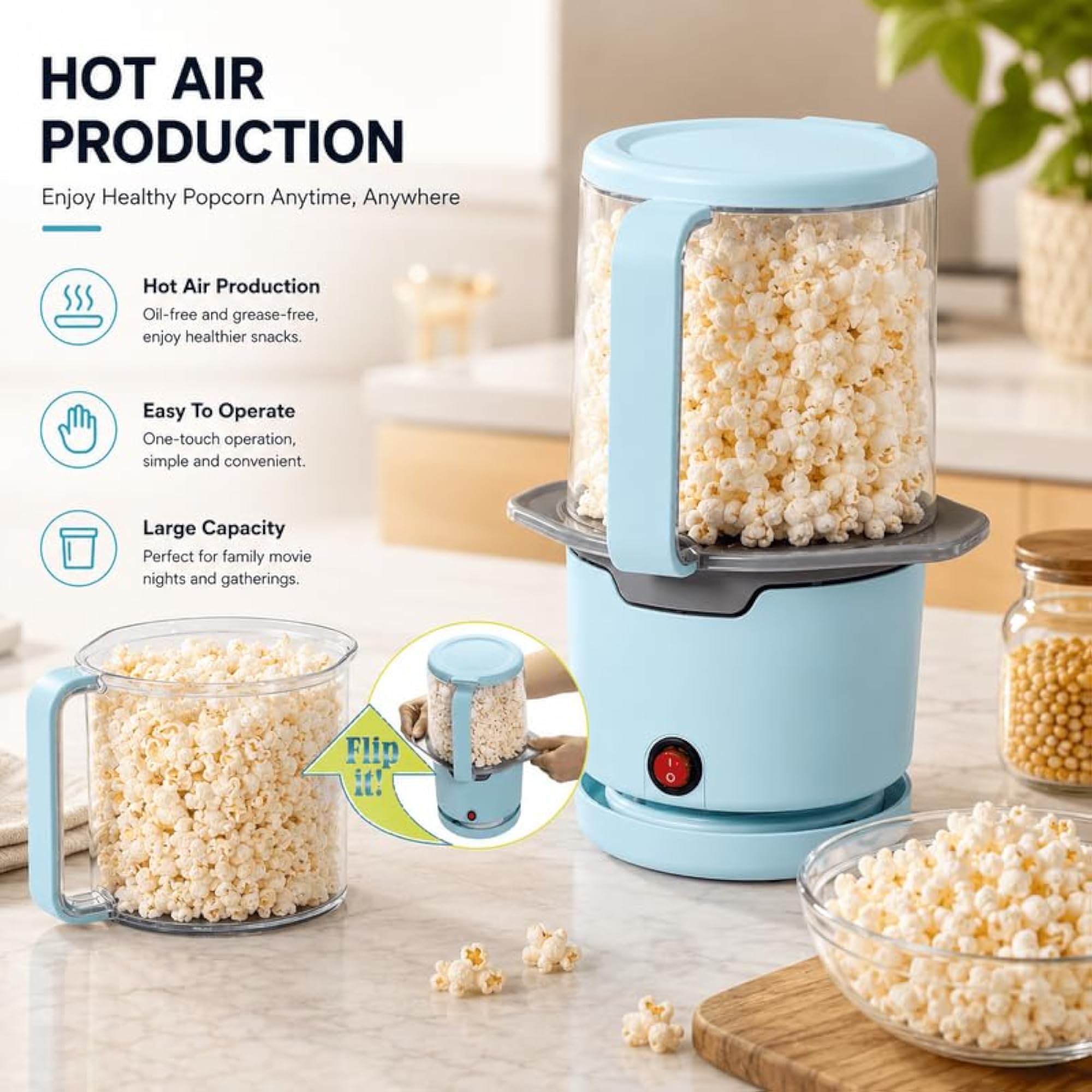 Electric Hot Air Popcorn Maker, Oil-Free Machine