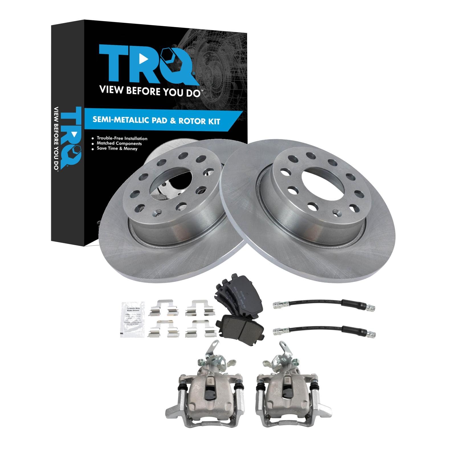 TRQ Rear Brake Pad and Rotor Set Semi Metallic 272mm Rotors Calipers Hoses Compatible with 2010 Volkswagen Jetta To Chassis AJA048000