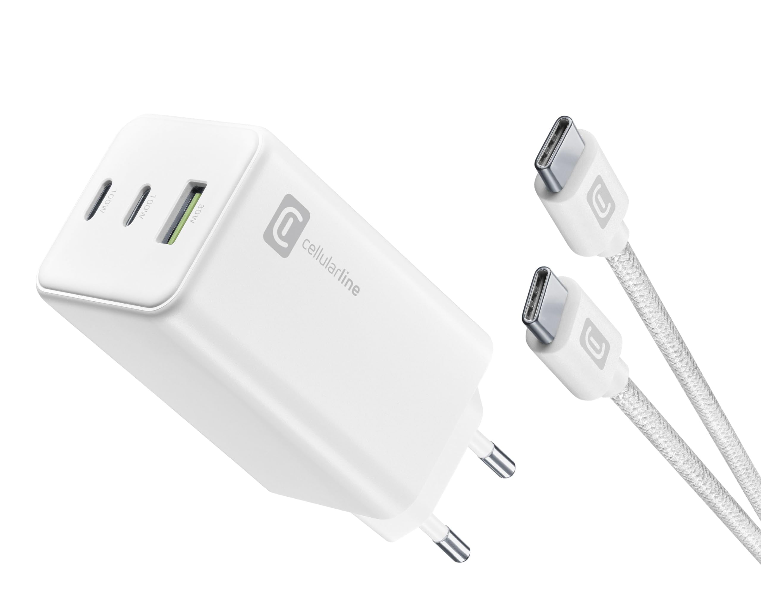 cellularline - Zestaw Multipower 100 W - ładowarka sieciowa 100 W + kabel USB-C do USB-C 5A 100 cm w zestawie - do smartfonów, tabletów i laptopów - biały