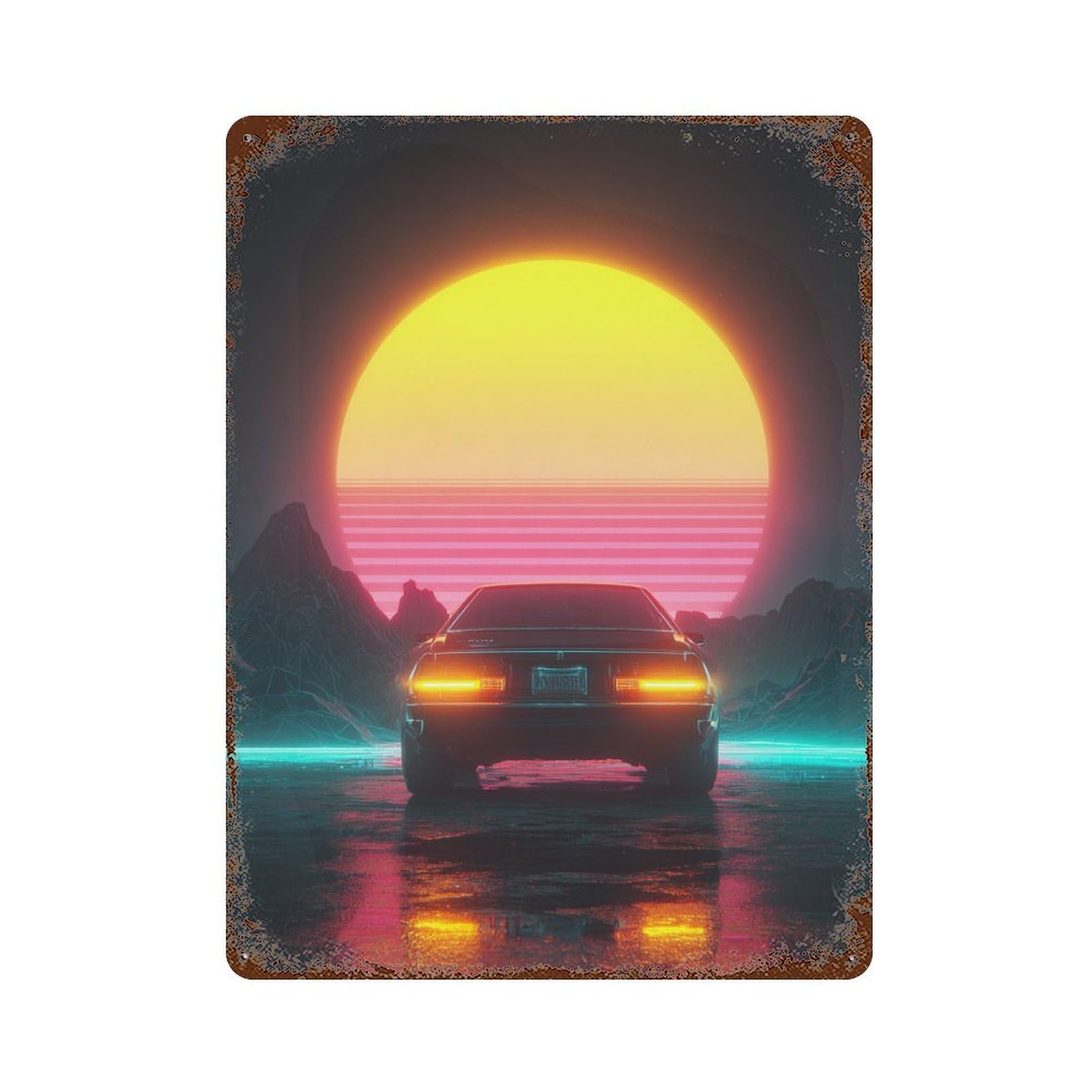 Neon Retro Sunset Car Scene Distressed Metal Wall Sign 15.7"x11.8", Shabby Chic Decor for Garage, Pub Or Kitchen
