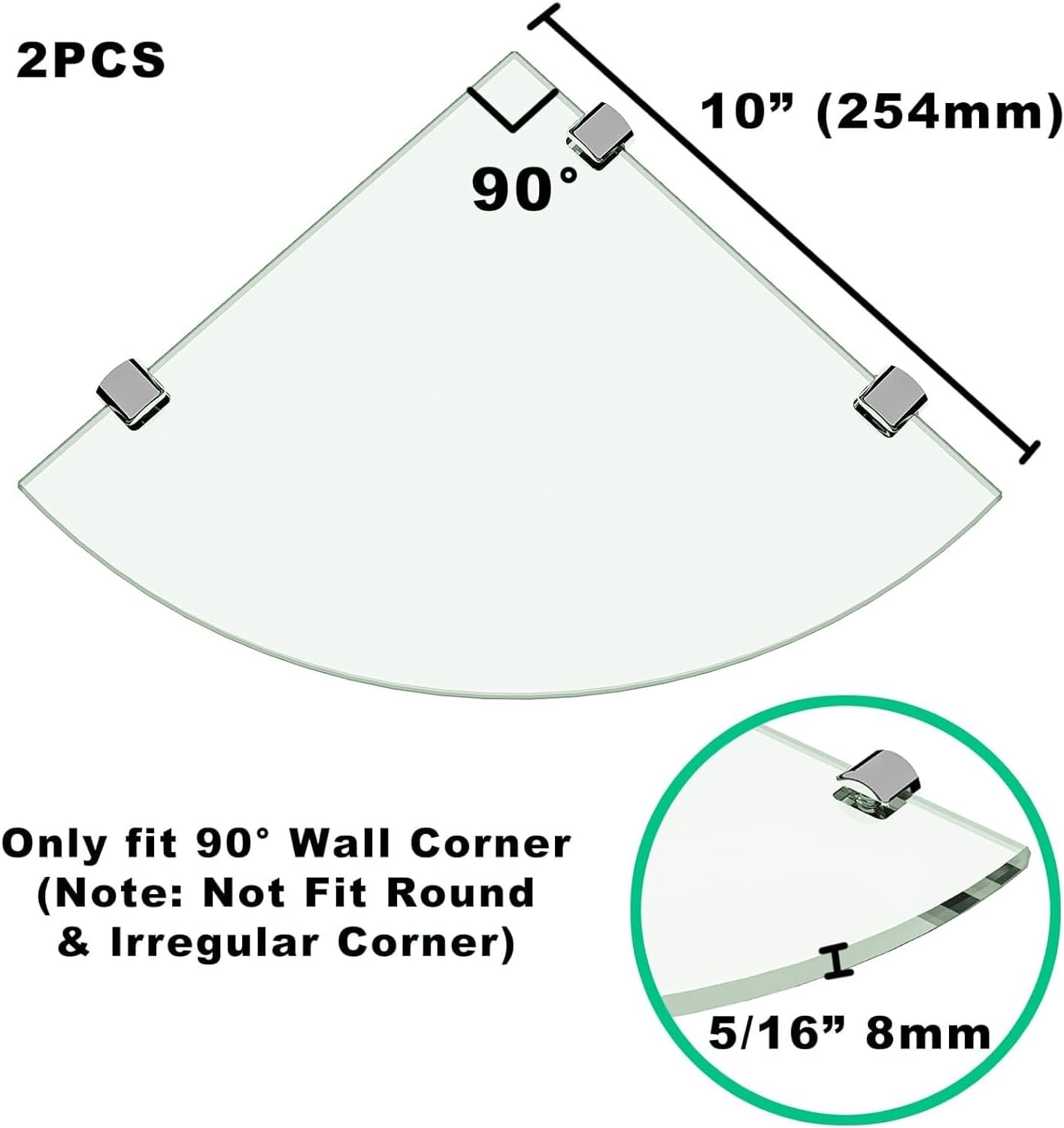 Glass Shower Caddy 2PCS, 10" Corner Shower Shelf, Wall Mount Bathroom Organizer 5/16 in Tempered Glass