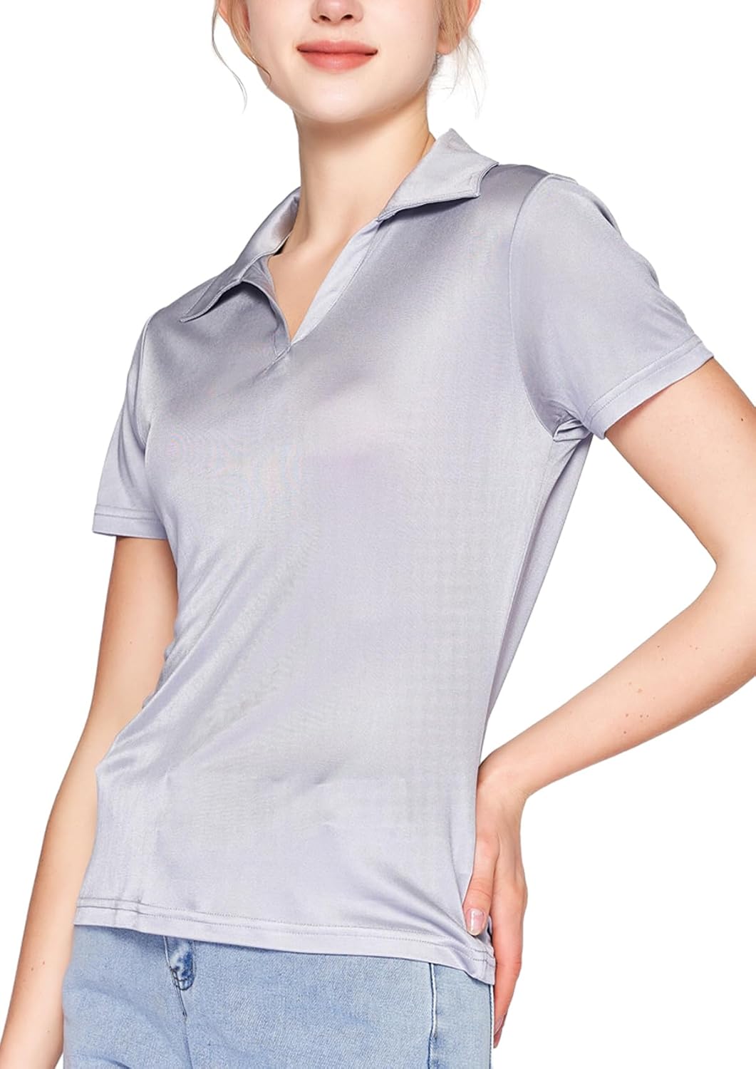 MOROUTLINE Women's Silk Polo Shirts Collar V Neck Golf Tee Top Short Sleeve Business Casual Tunic Blouses