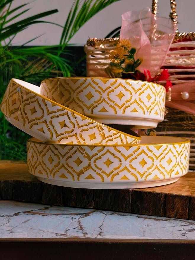 Image of Niyara Stoneware Handmade Ceramic Stylish Premium Serving Bowls, Salad Tray Microwave Dishwasher Safe, Ceramic Flat Serving Bowl Set of 3, Sizes: 600ml, 500ml, 450ml (Golden Salad)