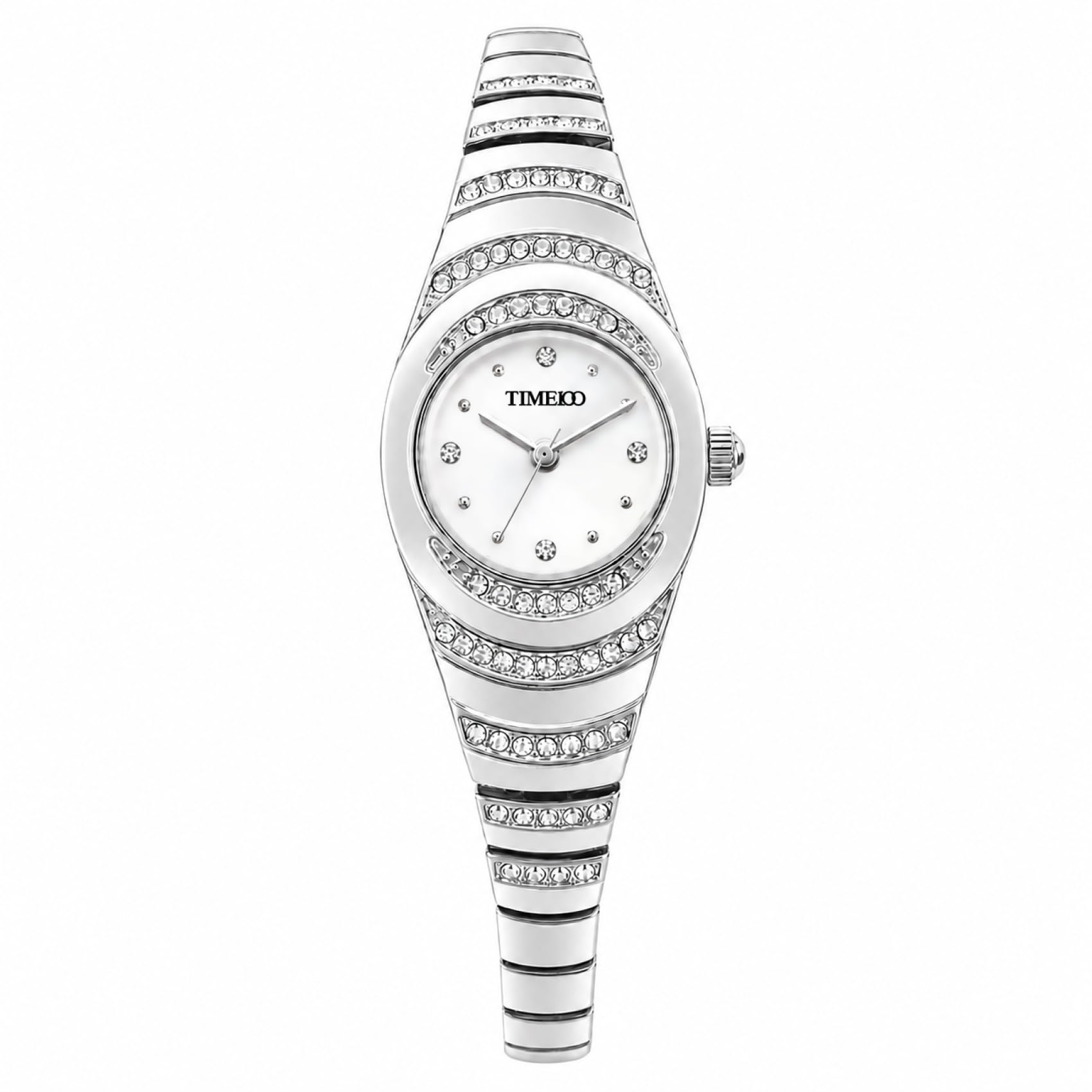 TIME100 Orologio da donna con cinturino in argento ovale, set di cristalli | Orologio da polso analogico al quarzo, da donna, con quadrante bianco, elegante da indossare tutti i giorni