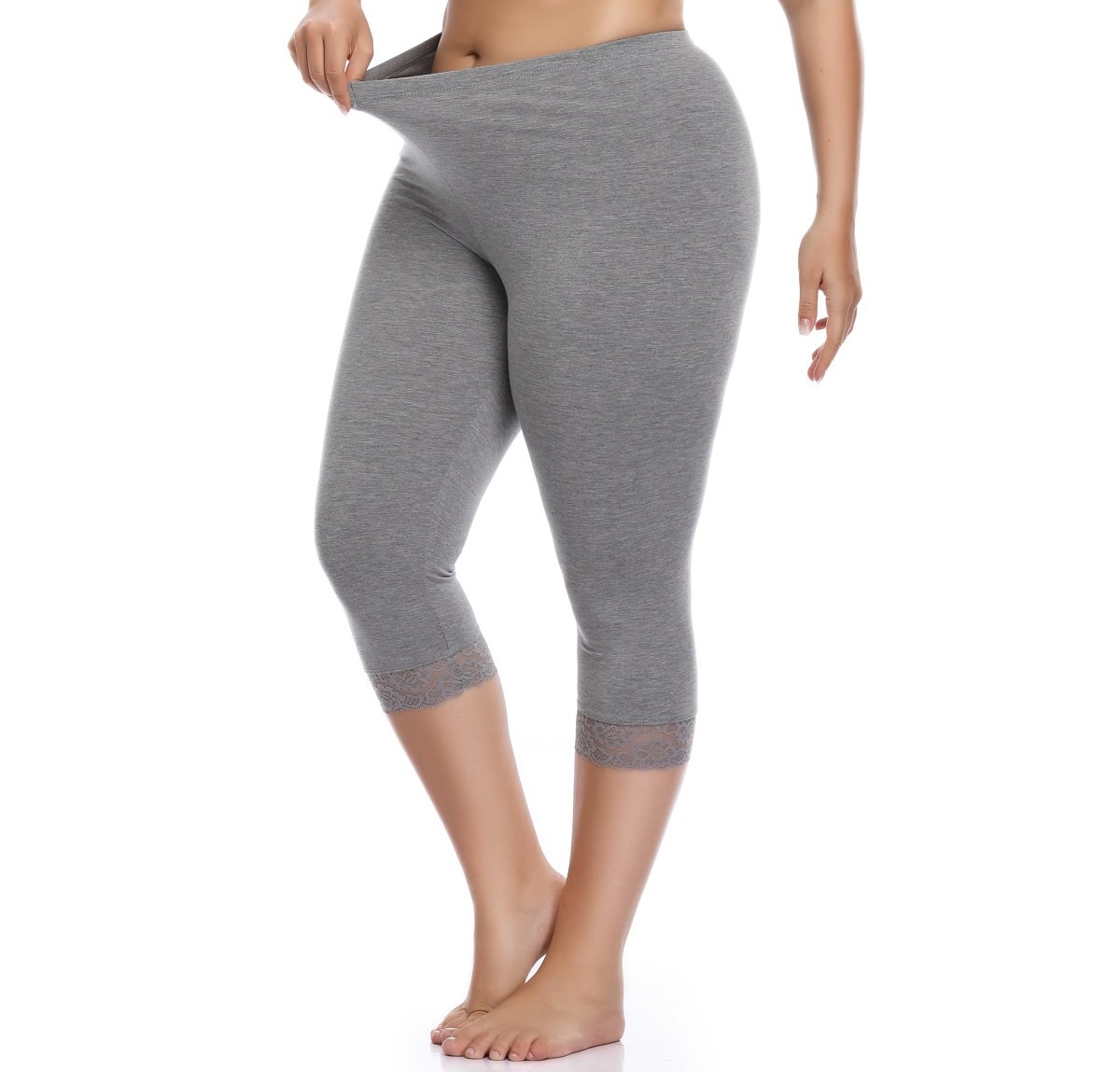 KotiiWomen's Plus Size Lace Trim Capri Leggings Stretch Crop Leggings  Summer Tights Pants