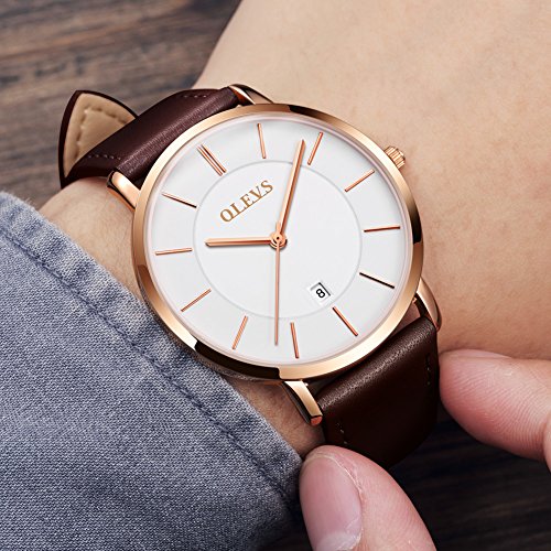 Image of OLEVS Men Leather Watches Black Ultra Thin 6.5mm Minimalist Dress Fashion Simple Casual Waterproof Date Watch for Men