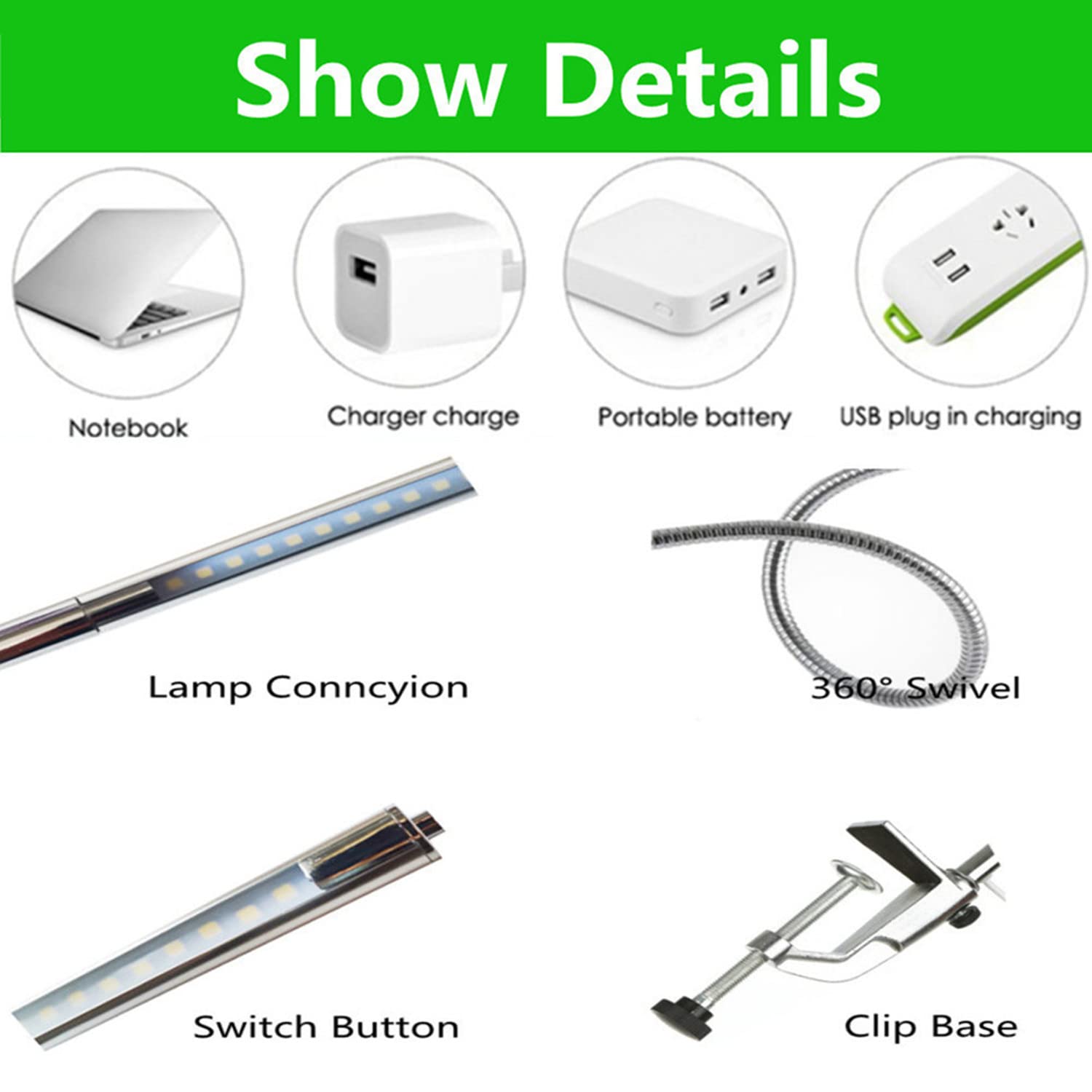 Lámpara de escritorio LED USB, lámpara de uñas ajustable con clip para el cuidado de los ojos, cuello de cisne giratorio 360 grados con interruptor de luz de abrazadera para manicura,