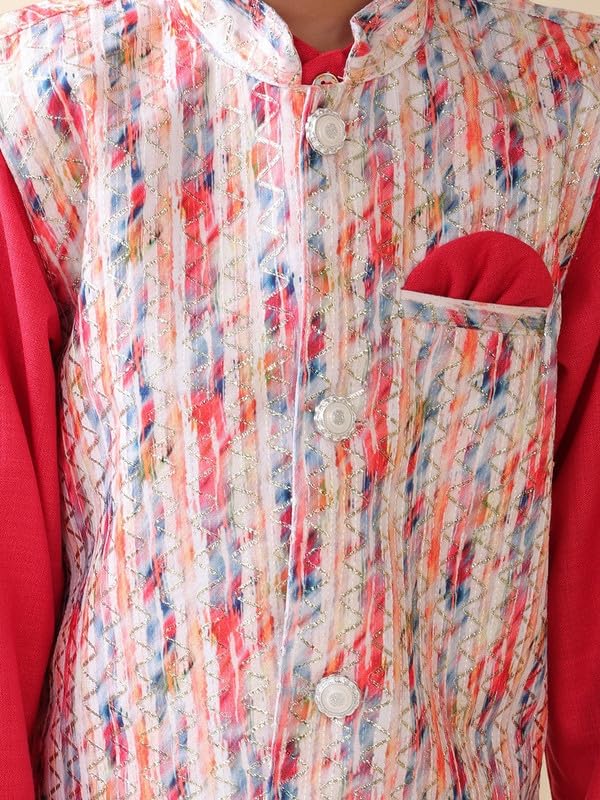 Image of superminis Boys Cotton Printed Full Sleeves Kurta Pyjama with Jacket Ethnic Wear Set