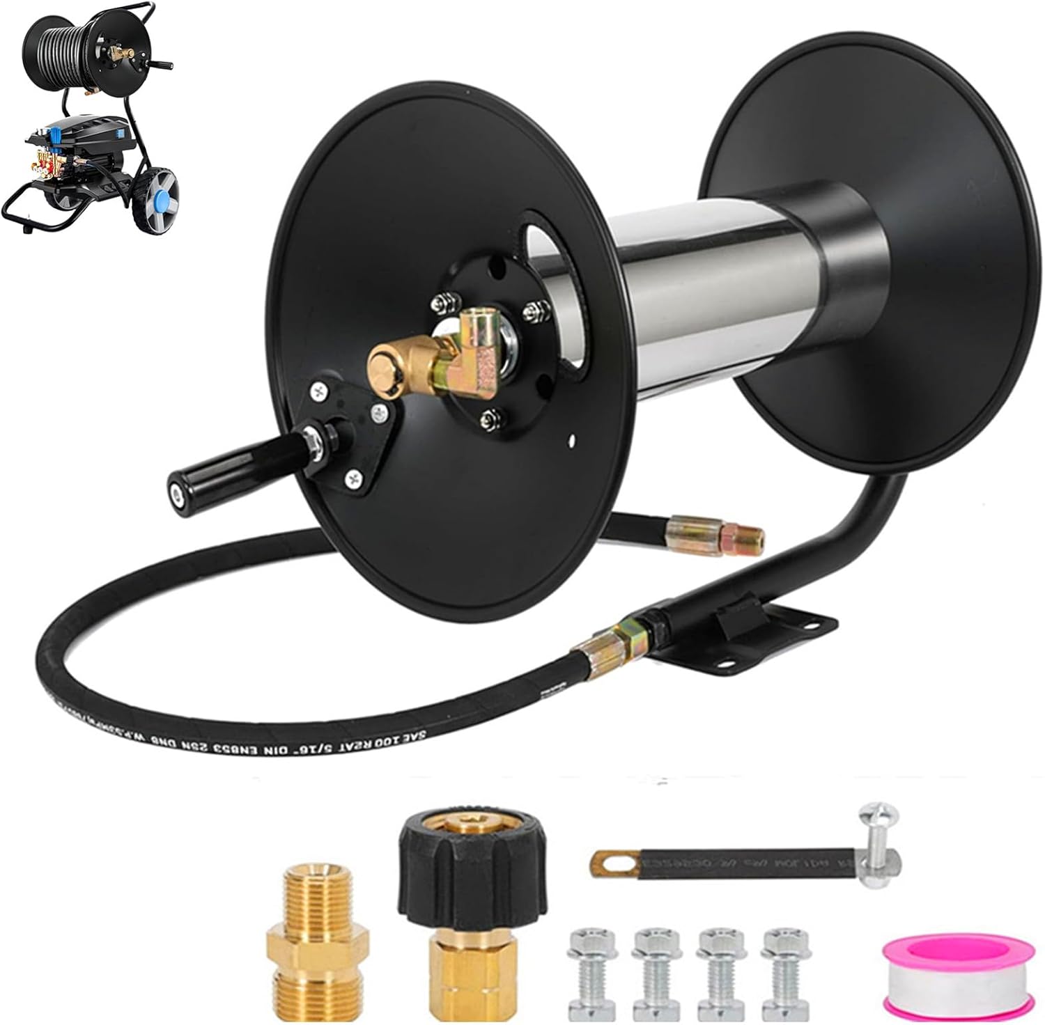Pressure Washer Hose Reel?100FT Power Washer Hose Reel 3/8" NPT Outlet Pipe Heavy Duty Steel High Pressure Washer Reel 4000 PSI with Hand Crank Swivel Arm